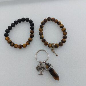 Tigers Eye & Lava Gemstone Stretch Bracelet & Key Chain Matte & Gloss Finish